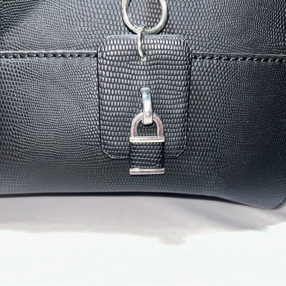G by Guess Purse Black Leather Tote Bag over the shoulder Silver Accents